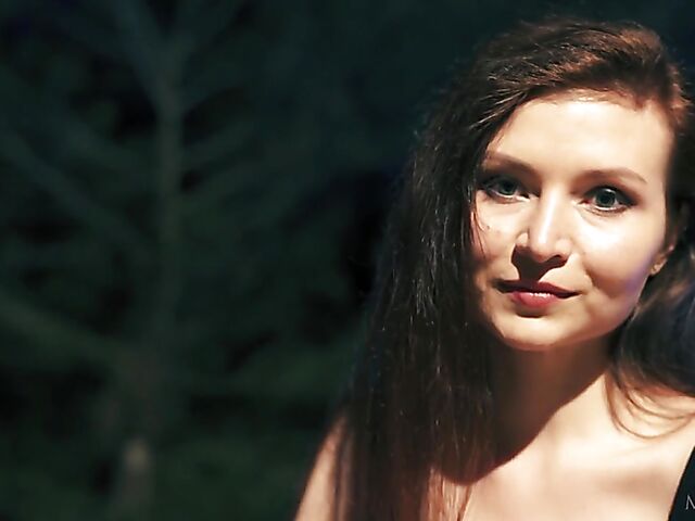 Outdoor solo with skinny Berenice using a vibrator on her bald pussy by the pool