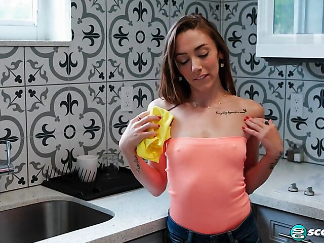Kitchen fingering solo with petite Dani Blu
