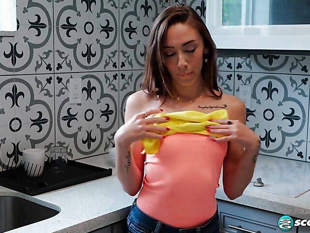Kitchen fingering solo with petite Dani Blu