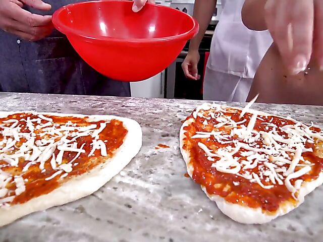 Nude pizza making and kitchen fuck with petite Mae Milano