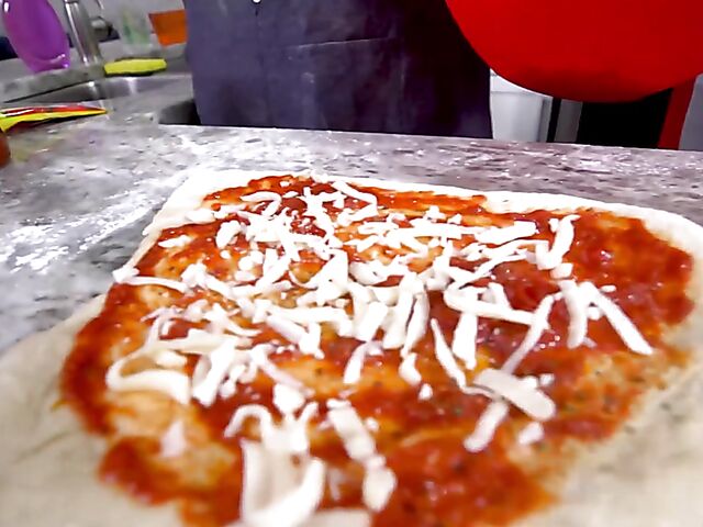 Nude pizza making and kitchen fuck with petite Mae Milano