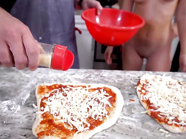 Nude pizza making and kitchen fuck with petite Mae Milano