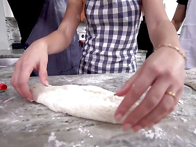 Nude pizza making and kitchen fuck with petite Mae Milano