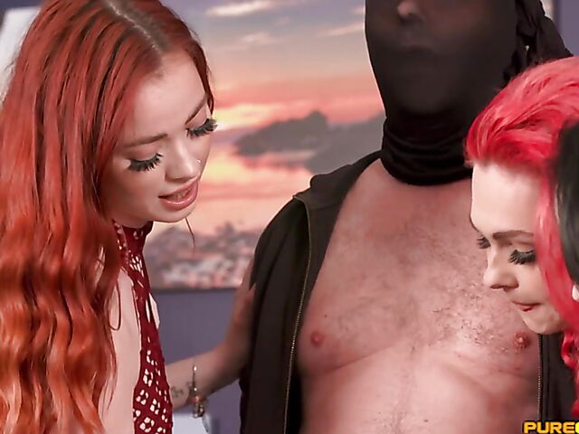 3 ladies CFNM handjob and blowjob with a thief featuring Ellie Louise, Roxi Keogh and Sofia Rex