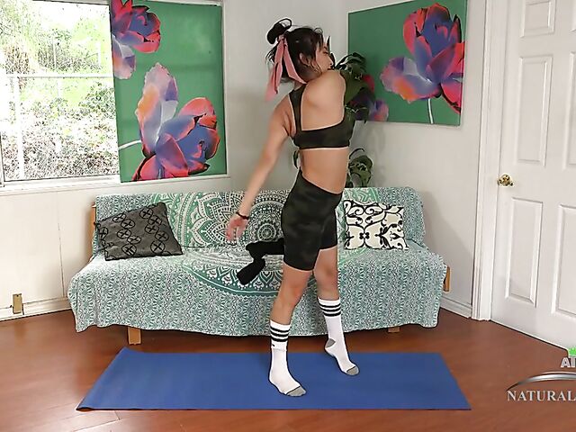 Exotic hairy girl nude yoga at home with Kiwi