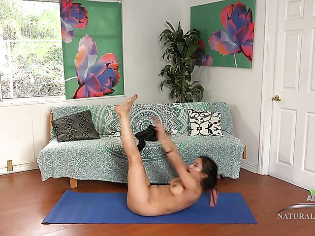 Exotic hairy girl nude yoga at home with Kiwi