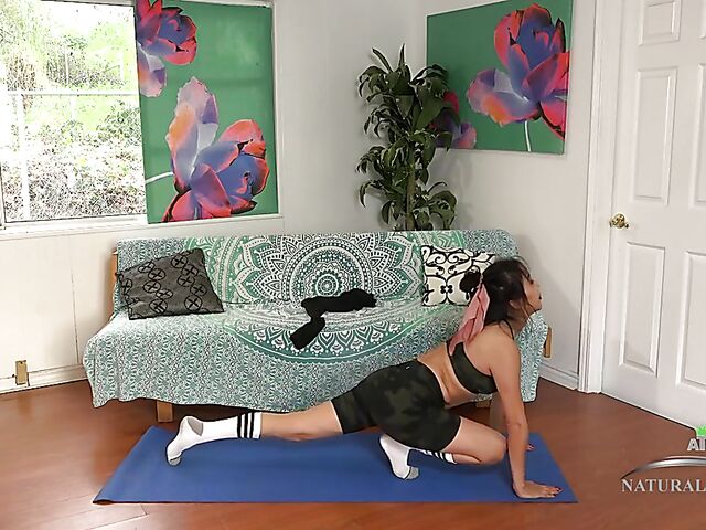 Exotic hairy girl nude yoga at home with Kiwi