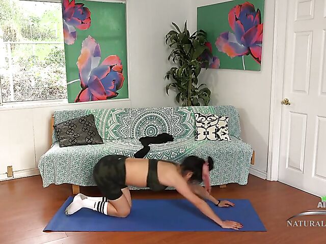 Exotic hairy girl nude yoga at home with Kiwi