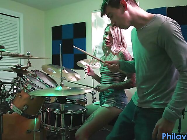 Drum lesson in denim shorts and blow job with Angel Amour
