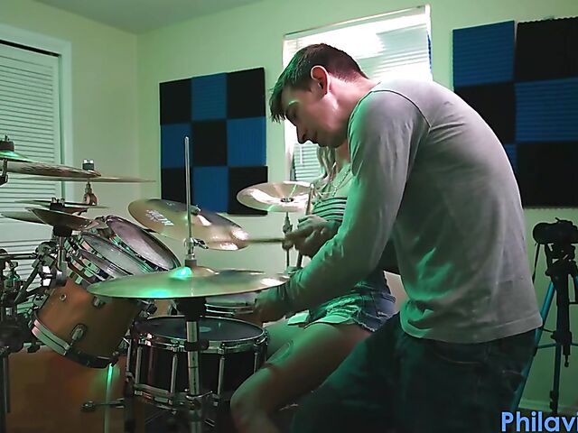 Drum lesson in denim shorts and blow job with Angel Amour