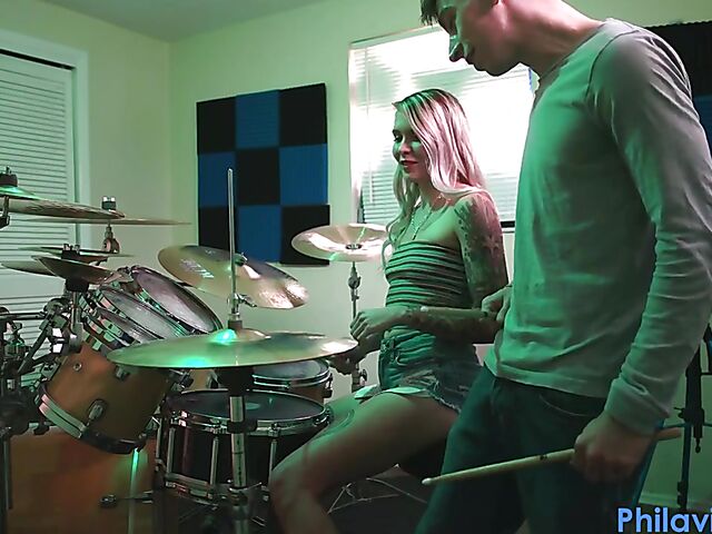 Drum lesson in denim shorts and blow job with Angel Amour
