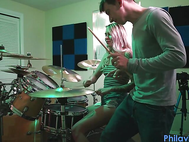 Drum lesson in denim shorts and blow job with Angel Amour