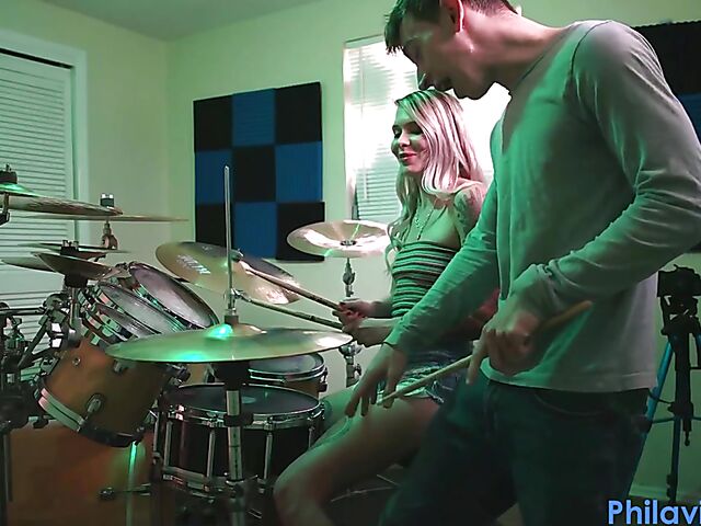 Drum lesson in denim shorts and blow job with Angel Amour