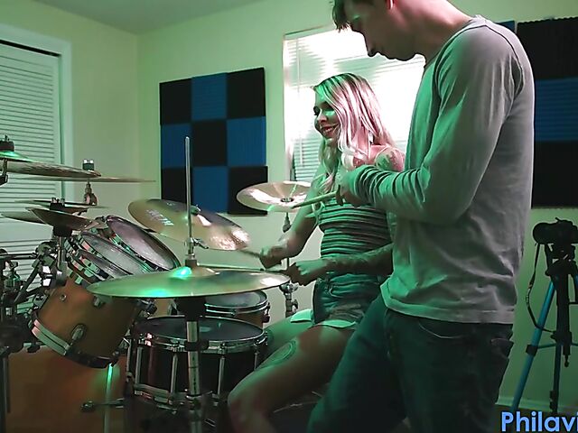 Drum lesson in denim shorts and blow job with Angel Amour
