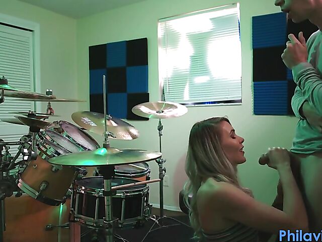 Drum lesson in denim shorts and blow job with Angel Amour