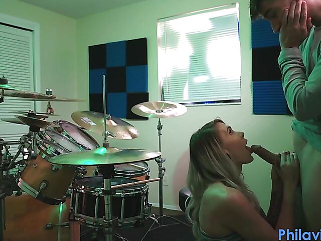 Drum lesson in denim shorts and blow job with Angel Amour