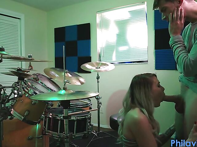 Drum lesson in denim shorts and blow job with Angel Amour