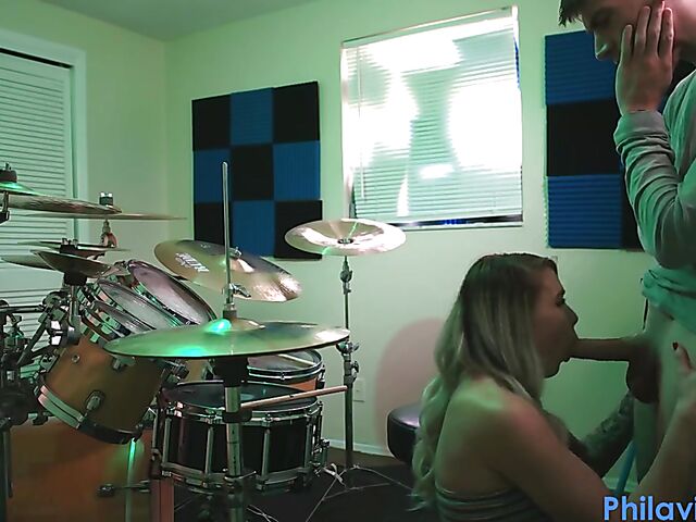 Drum lesson in denim shorts and blow job with Angel Amour