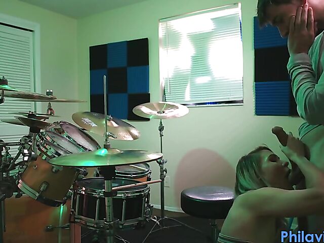 Drum lesson in denim shorts and blow job with Angel Amour