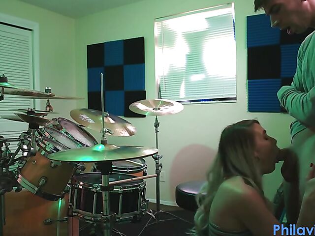 Drum lesson in denim shorts and blow job with Angel Amour