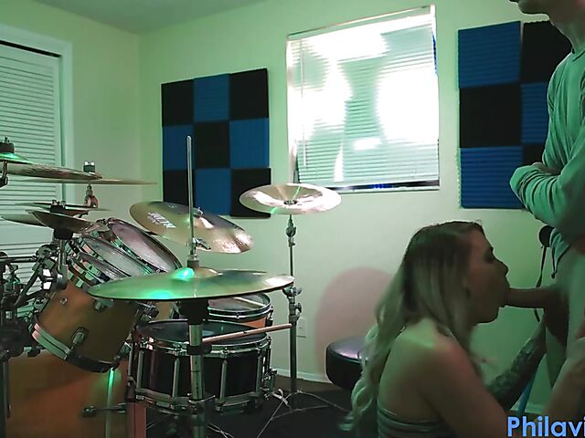 Drum lesson in denim shorts and blow job with Angel Amour