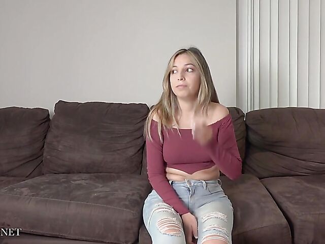 Curvy solo girl Coco Clark takes off her jeans and panties