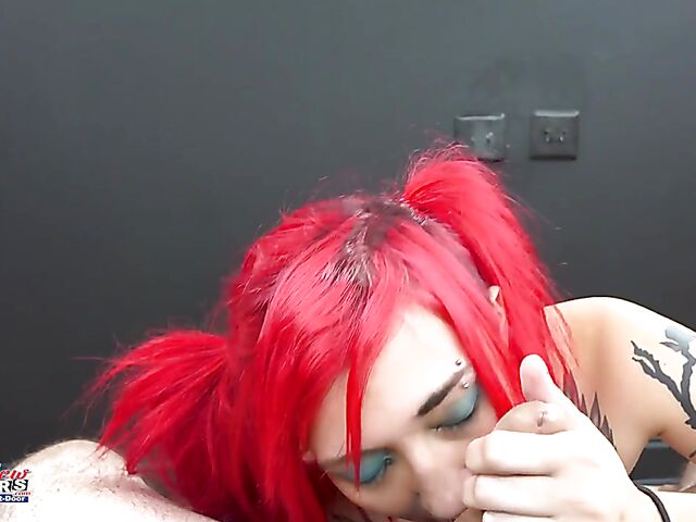 Red-haired alt girl blowjob POV with tattooed Jackie