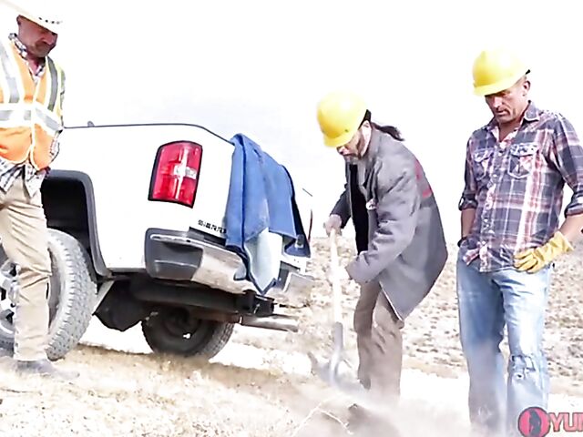 Sofie Marie - Fake tits MILF gangbang with the diggers