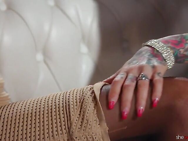 Joanna Angel lesbian anal strapon session with Kylie Le Beau