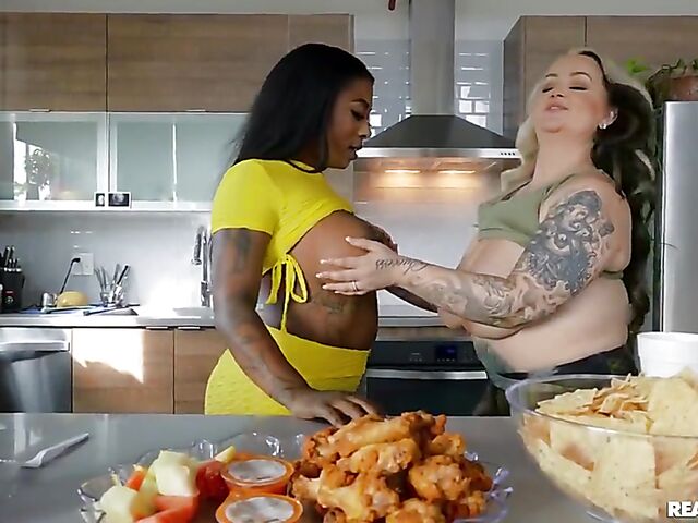 Busty lesbians interracial loving in the kitchen with Gogo Fukme and Kendra Kox