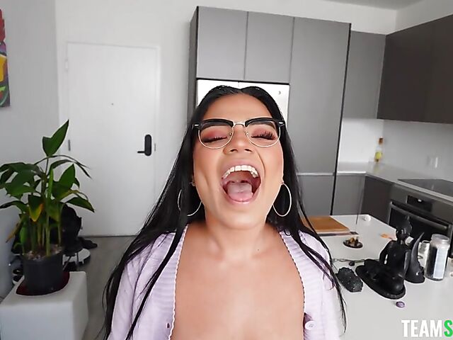 Raven-haired girl with glasses Summer Col gives deepthroat POV