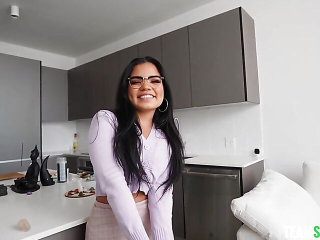 Raven-haired girl with glasses Summer Col gives deepthroat POV