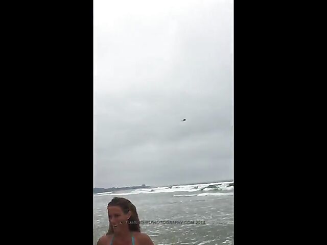 Skinny bikini MILF Sofie Marie beach strip in public BTS