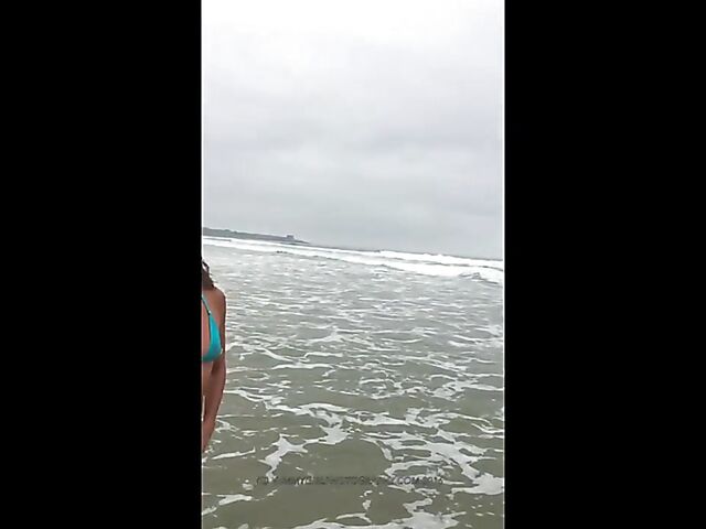 Skinny bikini MILF Sofie Marie beach strip in public BTS