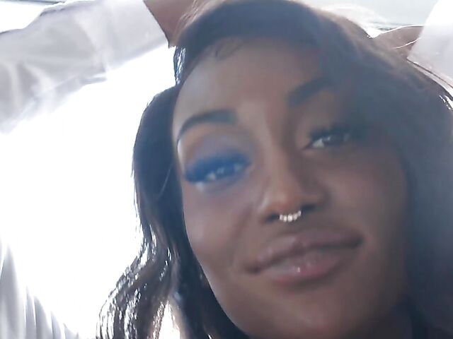 Beautiful ebony babe in white Kashai Grey sexy posing