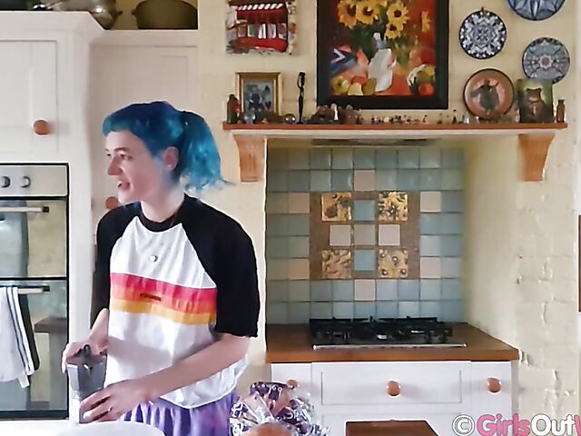 Hairy pussy masturbation at home with blue-haired Dodi