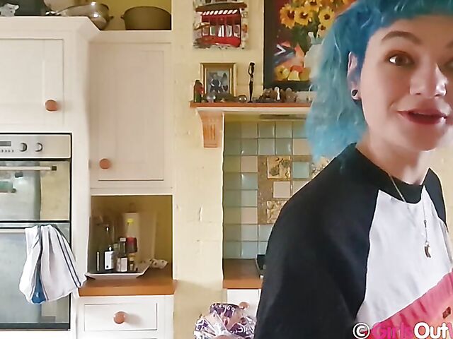 Hairy pussy masturbation at home with blue-haired Dodi