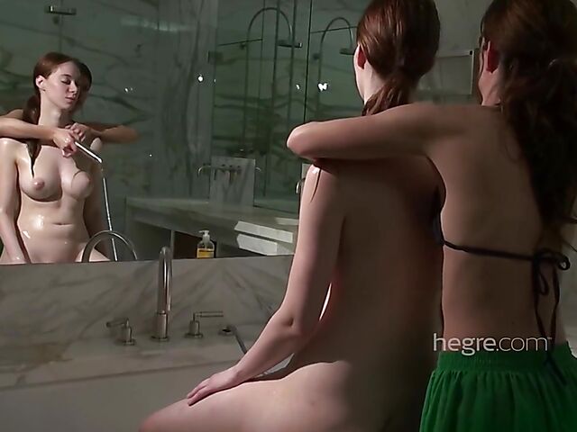 Erotic lesbian bathroom pleasure with sensual Fenna