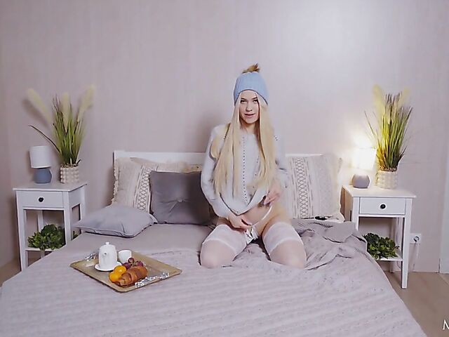 Nikki Hill - Blonde teen in white stockings winter morning with her vibrator
