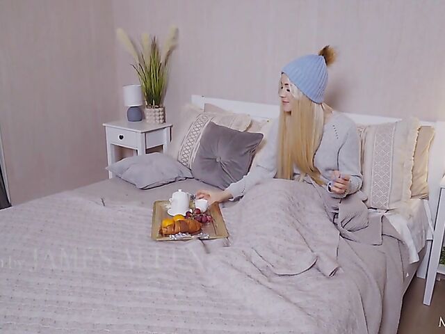 Nikki Hill - Blonde teen in white stockings winter morning with her vibrator