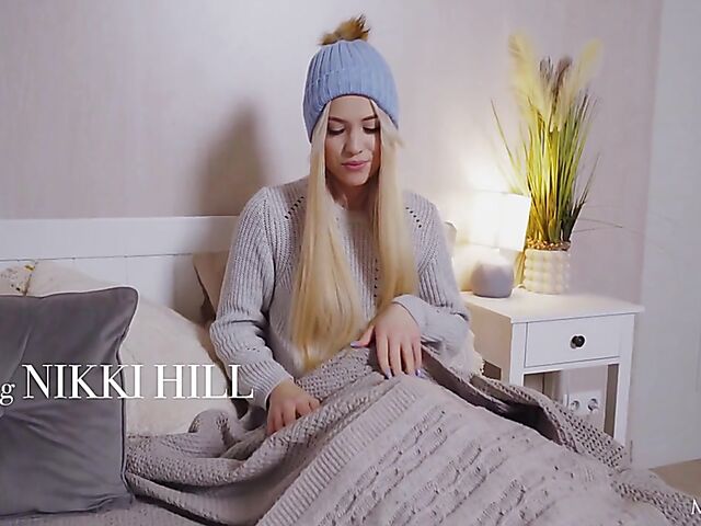 Nikki Hill - Blonde teen in white stockings winter morning with her vibrator