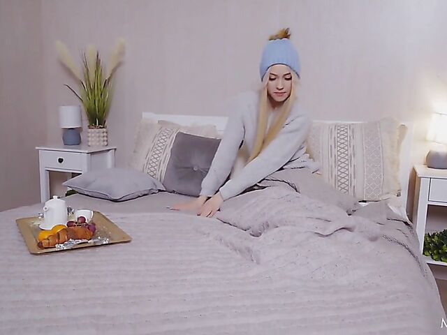 Nikki Hill - Blonde teen in white stockings winter morning with her vibrator