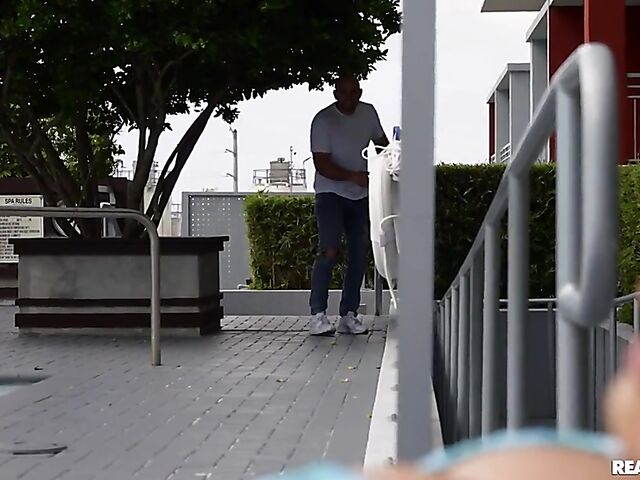 Cute bikini babe Leana Lovings gets turned on and fucked by a pool guy