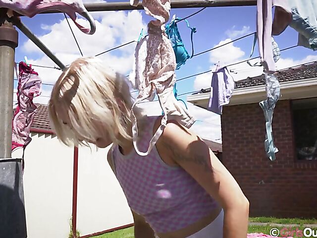 Blonde teen outdoor fingering in her mini skirt featuring Billie