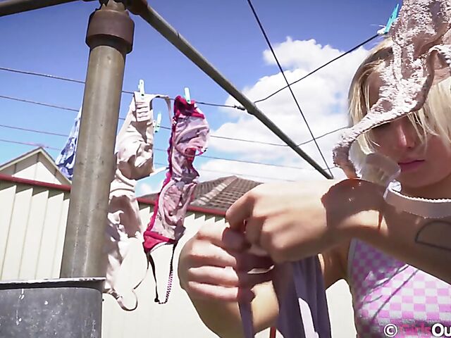 Blonde teen outdoor fingering in her mini skirt featuring Billie