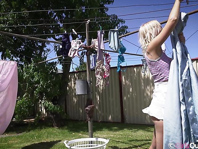 Blonde teen outdoor fingering in her mini skirt featuring Billie