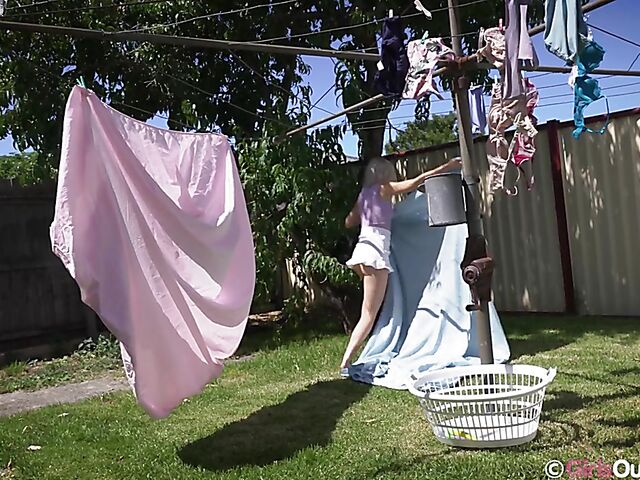 Blonde teen outdoor fingering in her mini skirt featuring Billie