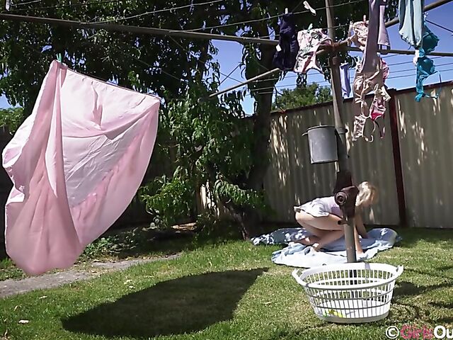 Blonde teen outdoor fingering in her mini skirt featuring Billie