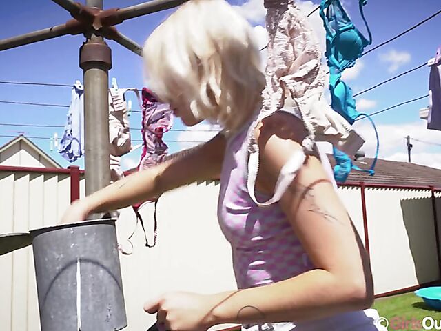 Blonde teen outdoor fingering in her mini skirt featuring Billie