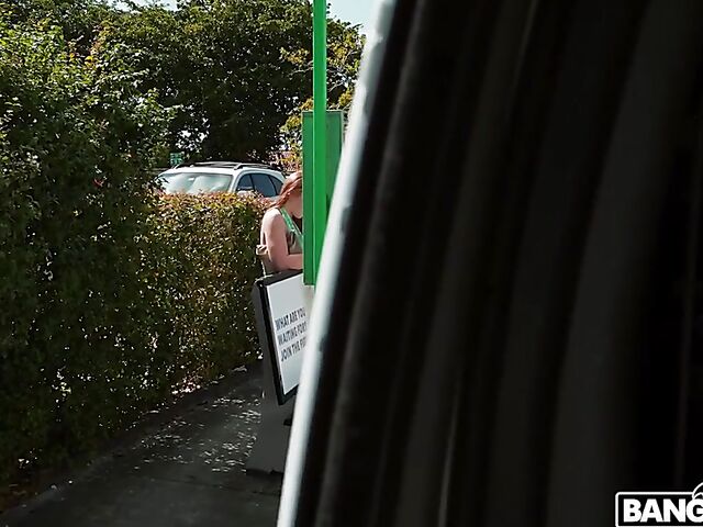Long-haired redhead Harper Red gets picked up and fucked in the bang van